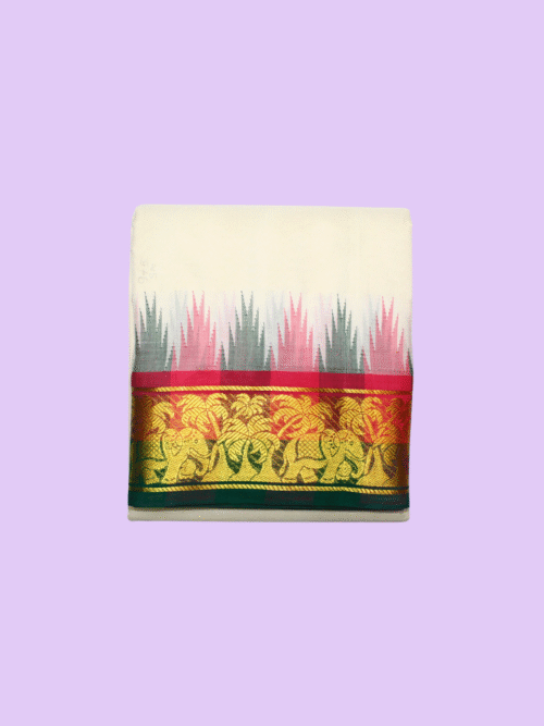 Thalampoo Dhoti with Elephant and Coconut Tree Border