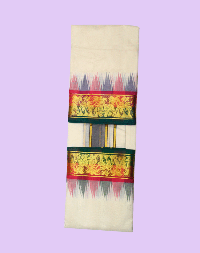 Thalampoo Dhoti with Elephant and Coconut Tree Border - Image 3