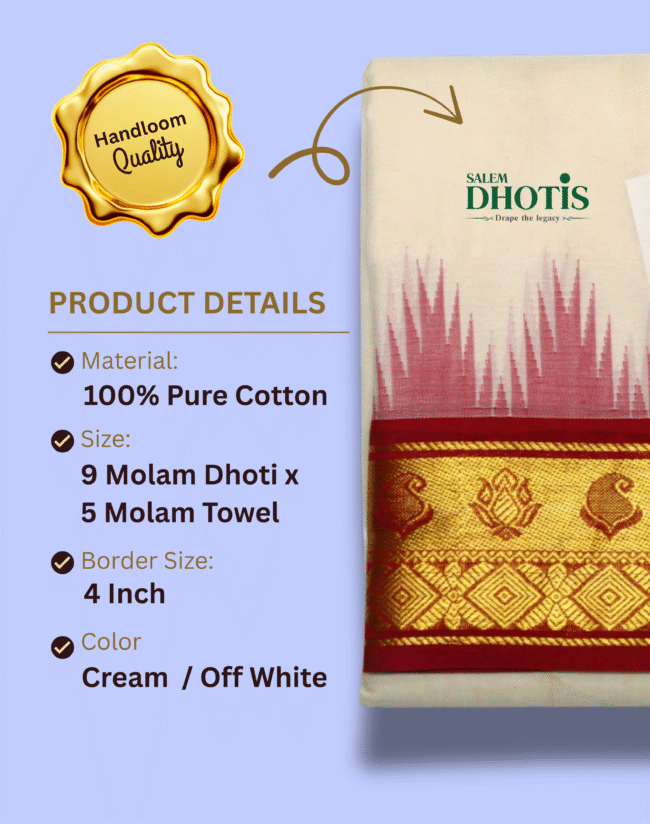 Thalampoo Dhotis with Lotus Mango and Diamond Border - Image 2