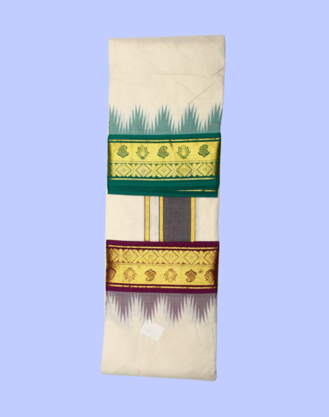 Thalampoo Dhotis with Lotus Mango and Diamond Border - Image 4