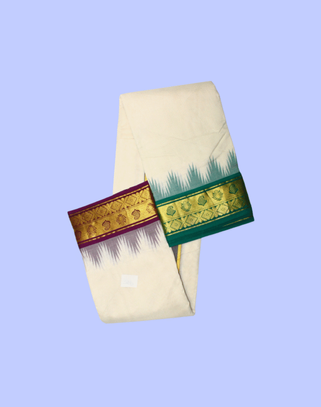 Thalampoo Dhotis with Lotus Mango and Diamond Border - Image 7