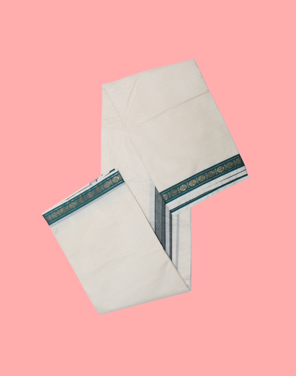 Pure Cotton Handloom Dhoti - Double Side Green with Rudraksham Zari Border - Image 4