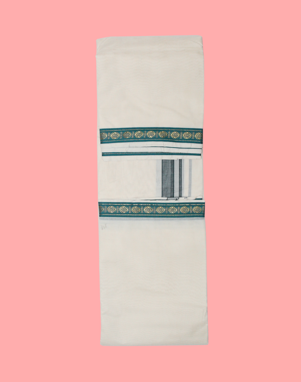 Pure Cotton Handloom Dhoti - Double Side Green with Rudraksham Zari Border - Image 3
