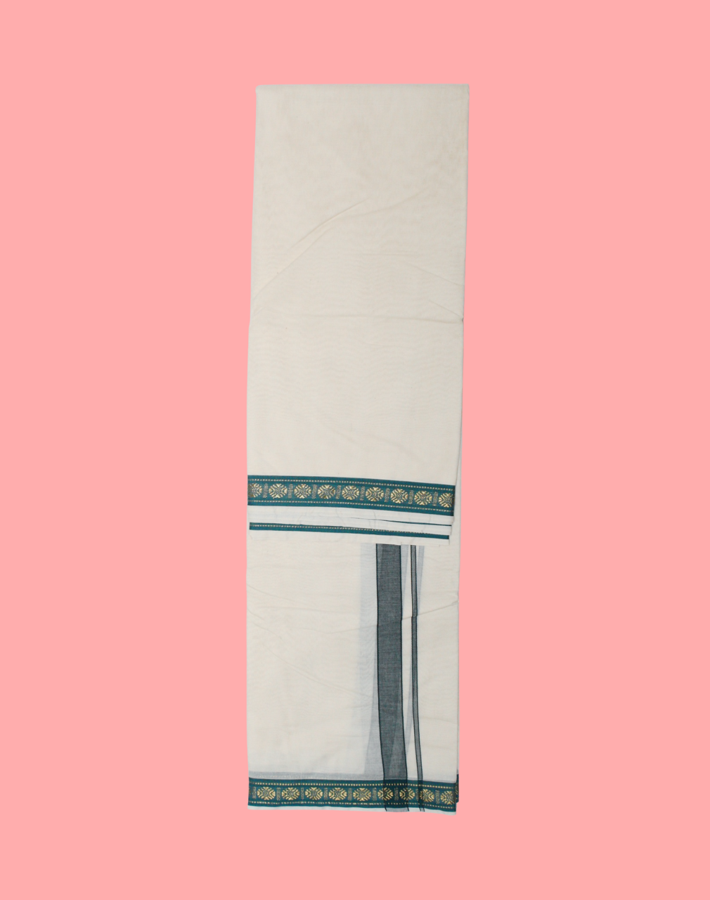Pure Cotton Handloom Dhoti - Double Side Green with Rudraksham Zari Border - Image 2