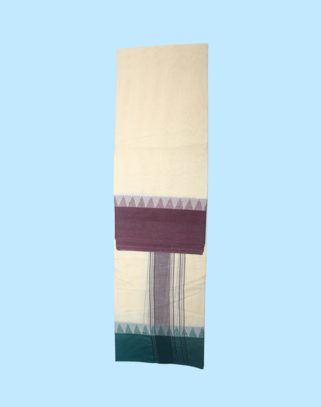 9inch x 5inch Cotton Border Handloom Dhoti | Green & Maroon Colour - Image 4